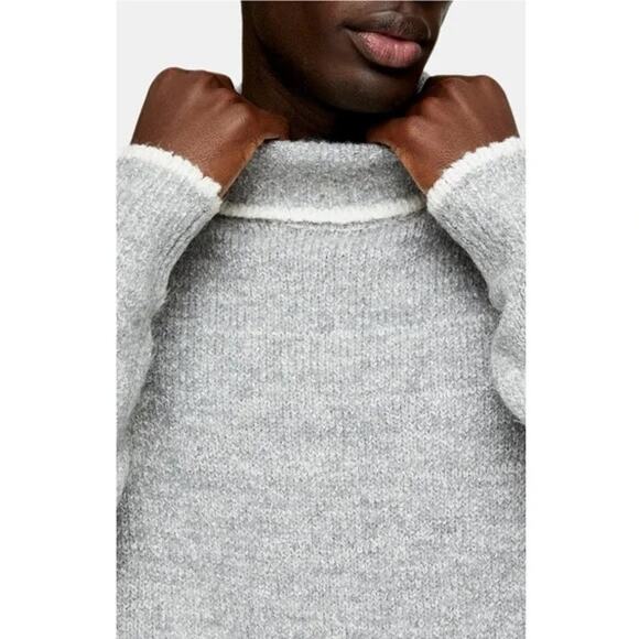 Topman Men's Tipped Roll Neck Sweater Large Heather Gray NEW Turtleneck Modern - Picture 3 of 8